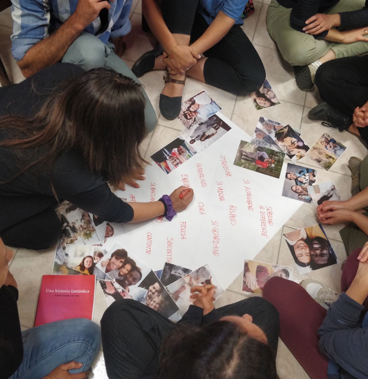 Partecipanti seduti in cerchio attorno a un cartellone con fotografie e parole scritte a mano
